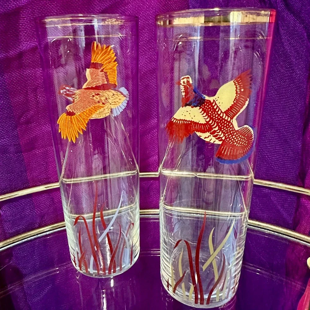 Vintage 1950s–1960s Pheasant Highball Glasses‎ Set of 2 Mid Century Fall Barware